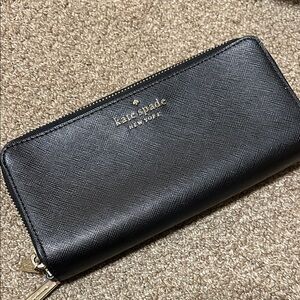 kate spade Black Double Zip Saffiano Wallet with Gold Hardware